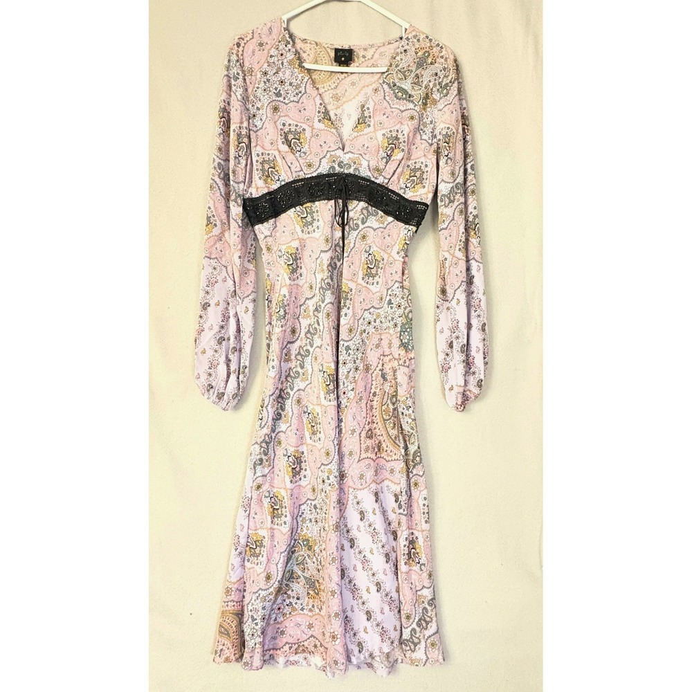 Plenty by Tracy Reese 100% Silk Purple Paisley Midi Dress Beaded Lace Y2K Size 8